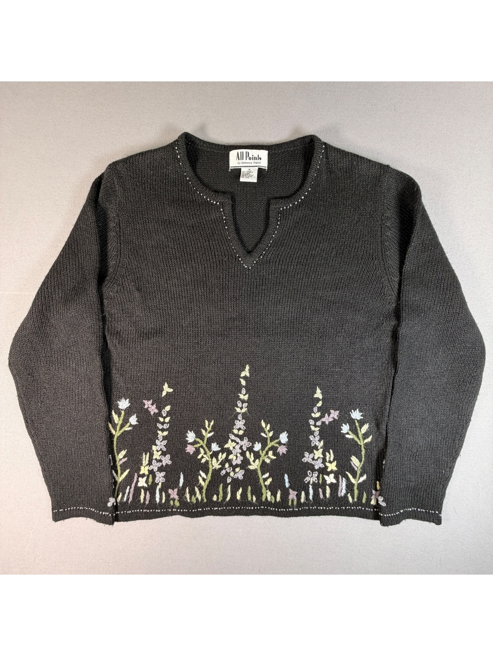 VTG All Points Floral Sweater Womens XL Embroidered Flowers Cottagecore Knit
